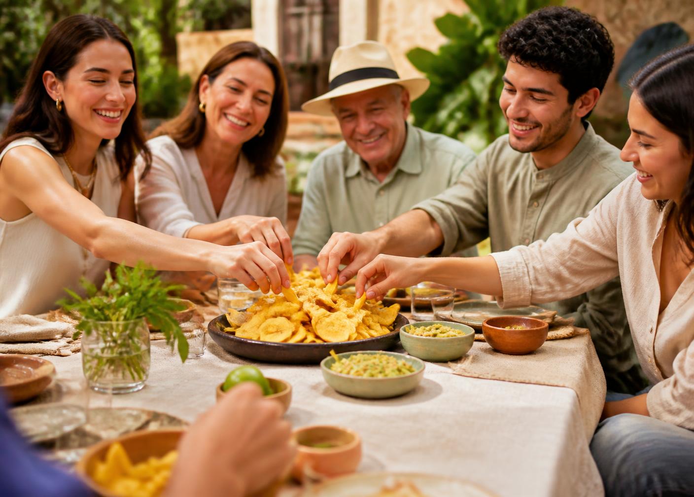 Familia compartiendo chips de plátano FRISTOS en una mesa al aire libre